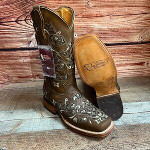 Women's Western Cowgirl Genuine Leather Brown Boots with Glitter Leather Sole